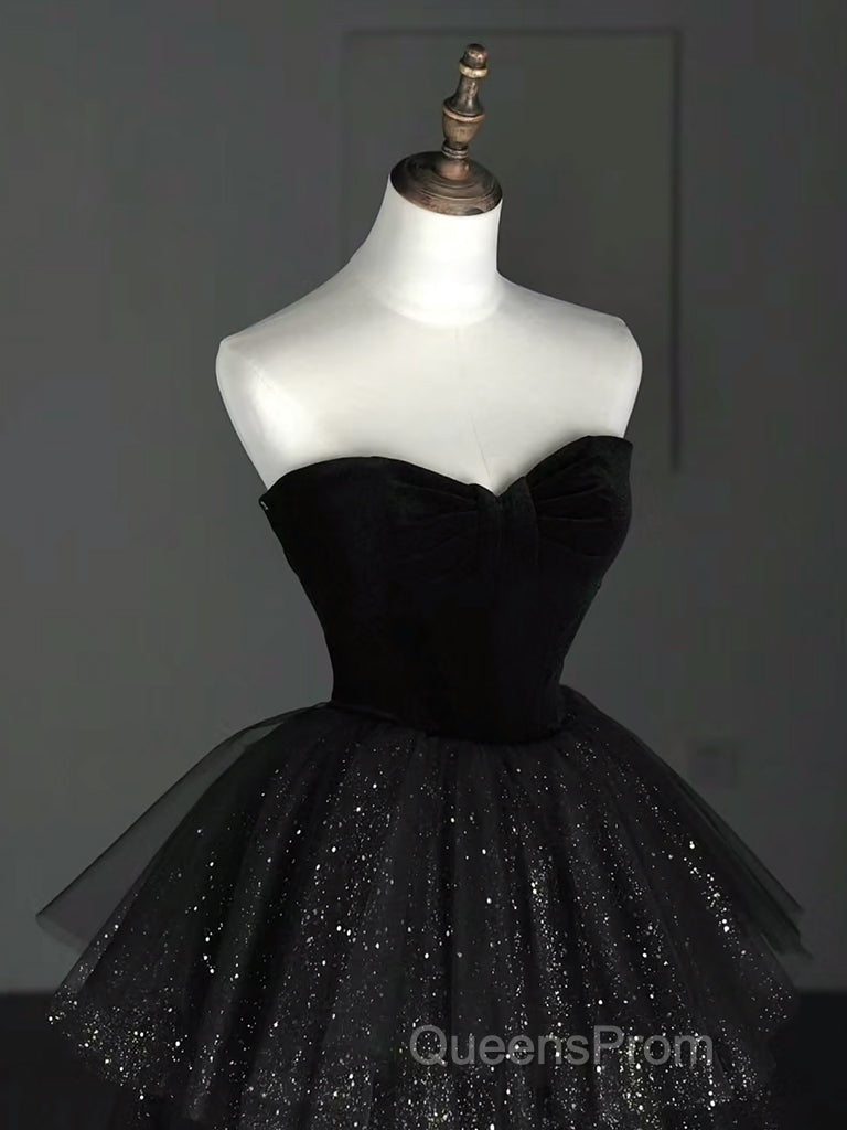 A-Line Sweetheart Neck Tulle Velvet Black Long Evening Prom Dress, Black Evening Dress