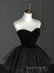 A-Line Sweetheart Neck Tulle Velvet Black Long Evening Prom Dress, Black Evening Dress