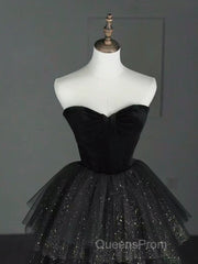 A-Line Sweetheart Neck Tulle Velvet Black Long Evening Prom Dress, Black Evening Dress