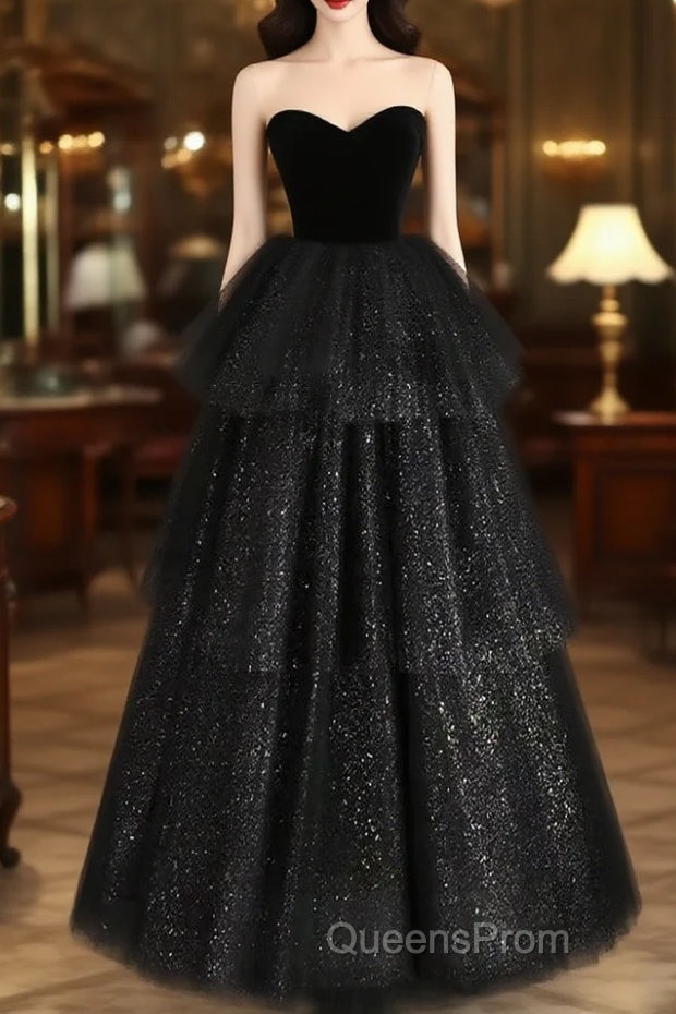 A-Line Sweetheart Neck Tulle Velvet Black Long Evening Prom Dress, Black Evening Dress Main image