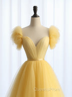 A-Line Sweetheart Neck Tulle Yellow Long Evening Prom Dress, Yellow Long Evening Dress