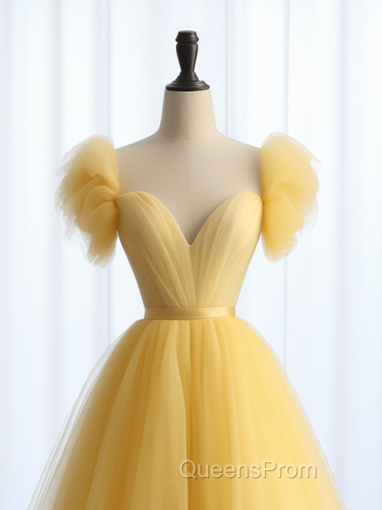 A-Line Sweetheart Neck Tulle Yellow Long Evening Prom Dress, Yellow Long Evening Dress