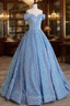 A-Line Sweetheart Neck Velvet Sequin Blue Long Evening Prom Dress, Blue Evening Dress