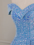 A-Line Sweetheart Neck Velvet Sequin Blue Long Evening Prom Dress, Blue Evening Dress