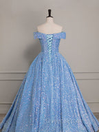 A-Line Sweetheart Neck Velvet Sequin Blue Long Evening Prom Dress, Blue Evening Dress