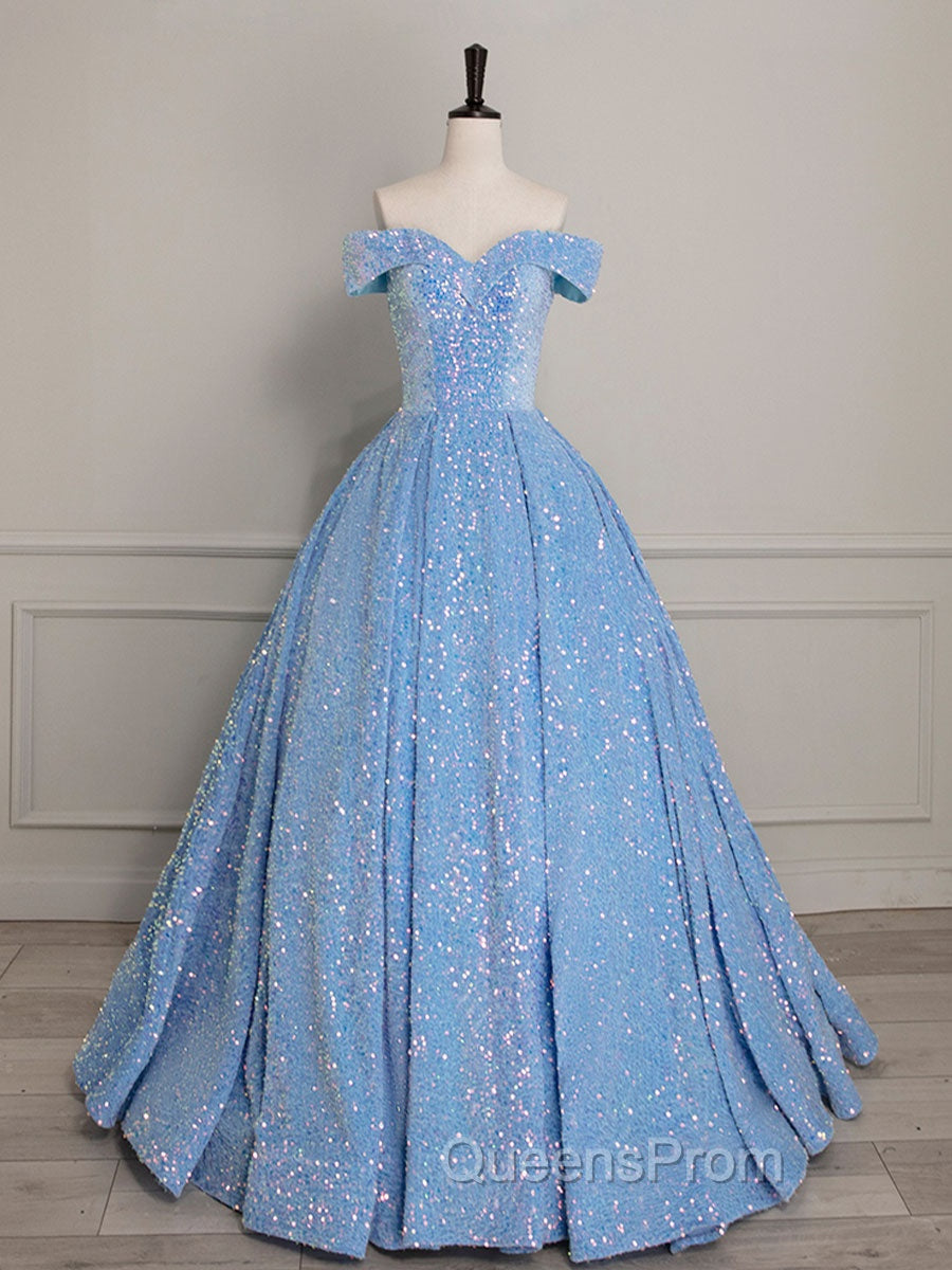A-Line Sweetheart Neck Velvet Sequin Blue Long Evening Prom Dress, Blue Evening Dress Main image