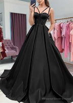 A-line Sweetheart Sleeveless Satin Sweep Train Prom Dresses With Pockets