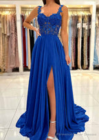 A-line Sweetheart Sleeveless Sweep Train Chiffon Prom Dresses With Appliqued Split