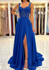 A-line Sweetheart Sleeveless Sweep Train Chiffon Prom Dresses With Appliqued Split
