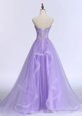 A-line Sweetheart Sleeveless Sweep Train Tulle Prom Dress With Beading Appliqued