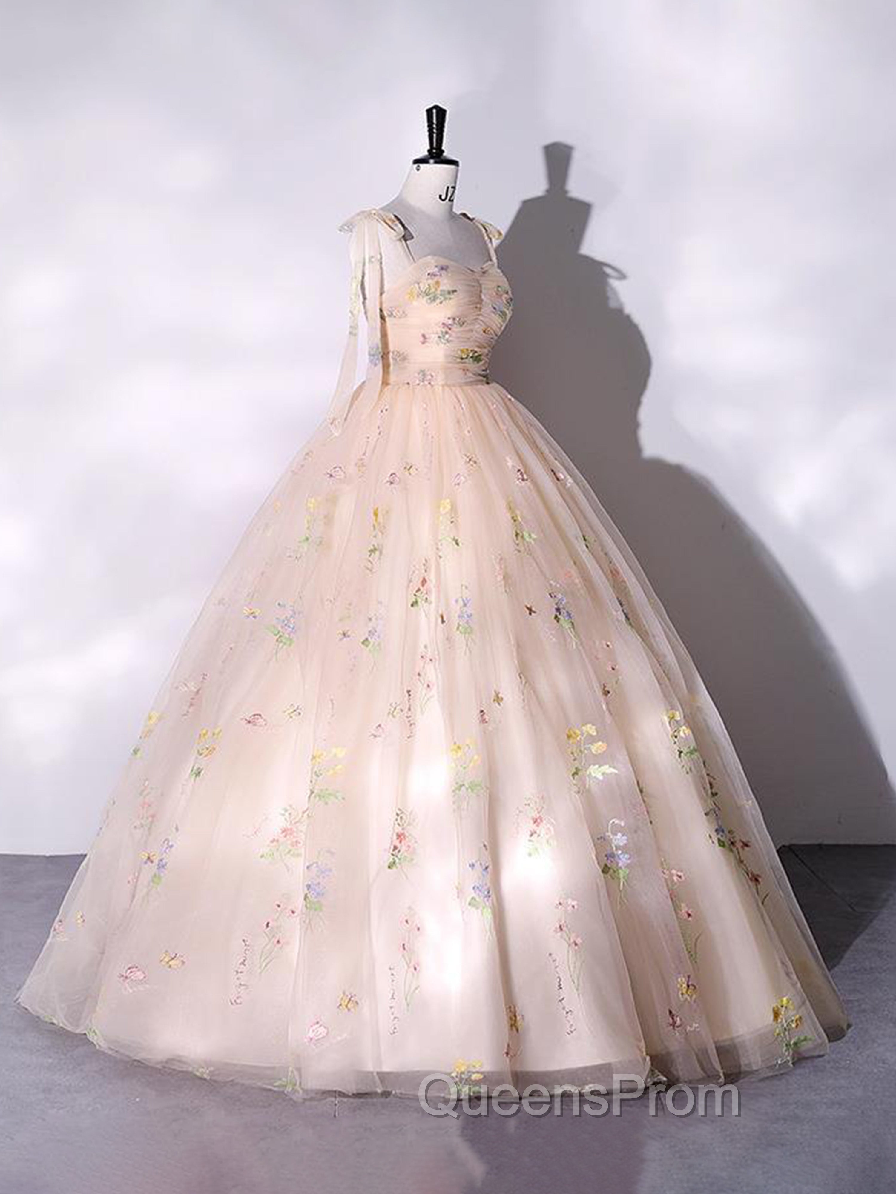 A-Line Sweetheart Sleeves Straps Embroidery Tulle Evening Prom Dress