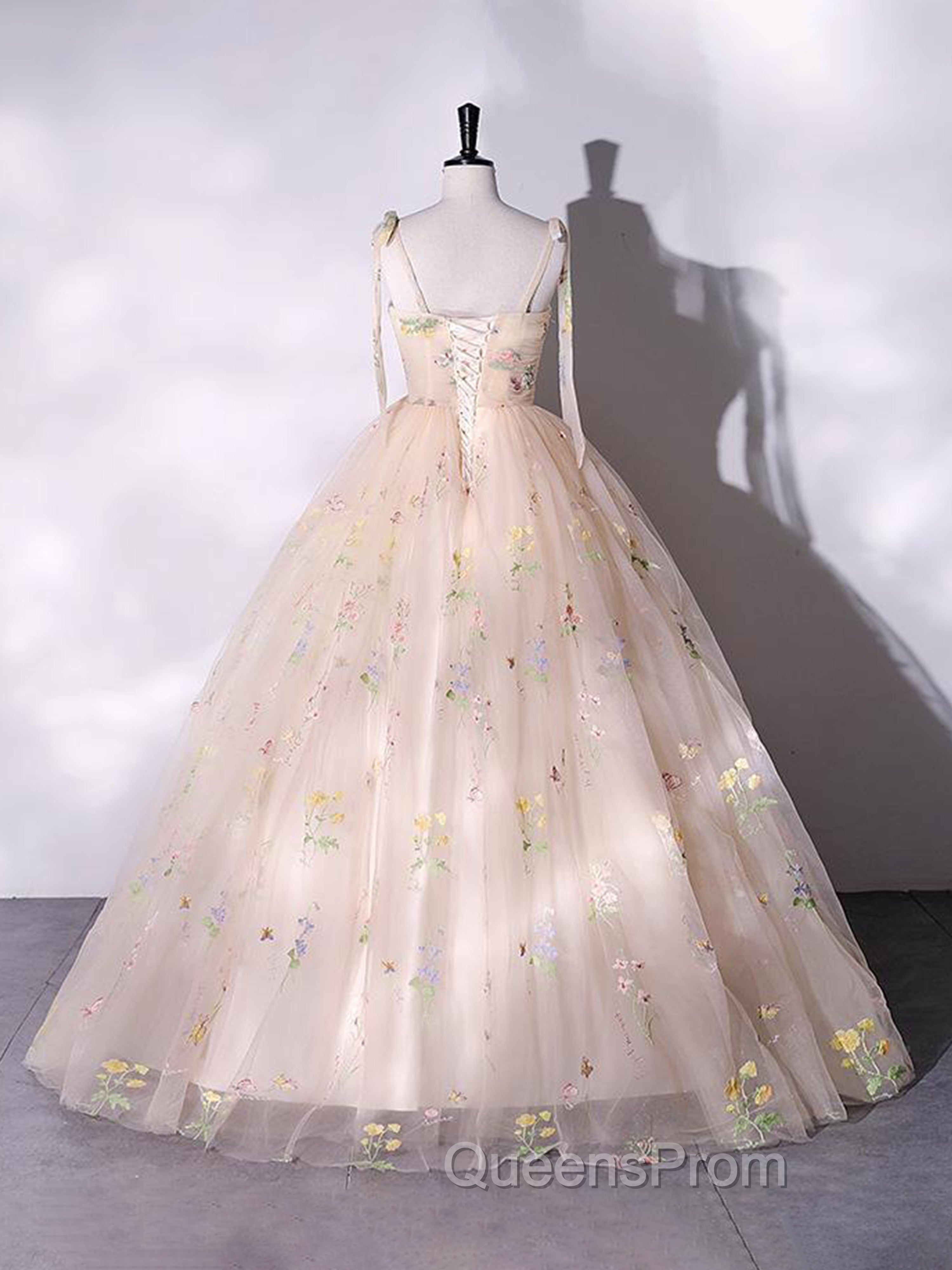 A-Line Sweetheart Sleeves Straps Embroidery Tulle Evening Prom Dress