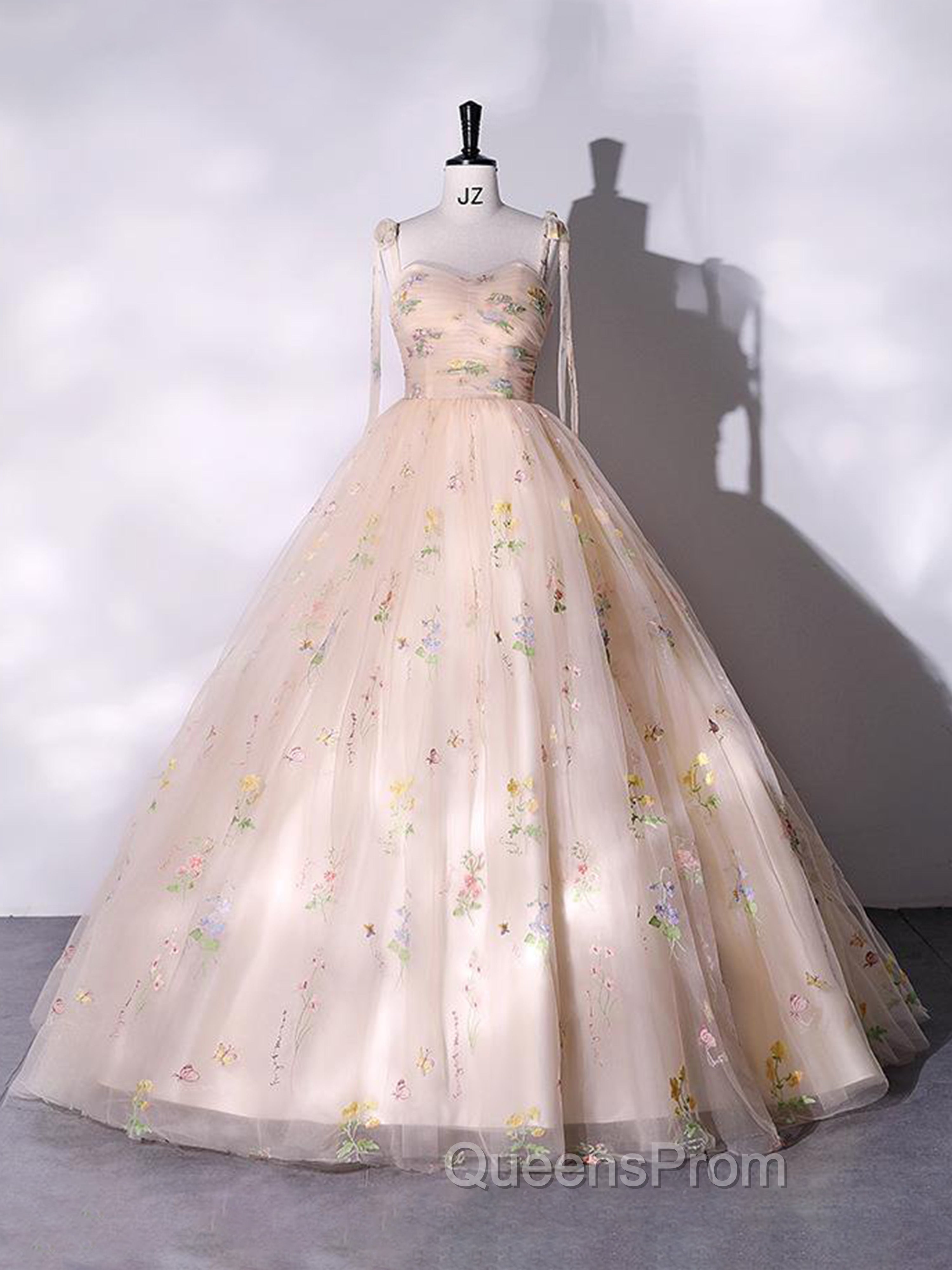 A-Line Sweetheart Sleeves Straps Embroidery Tulle Evening Prom Dress