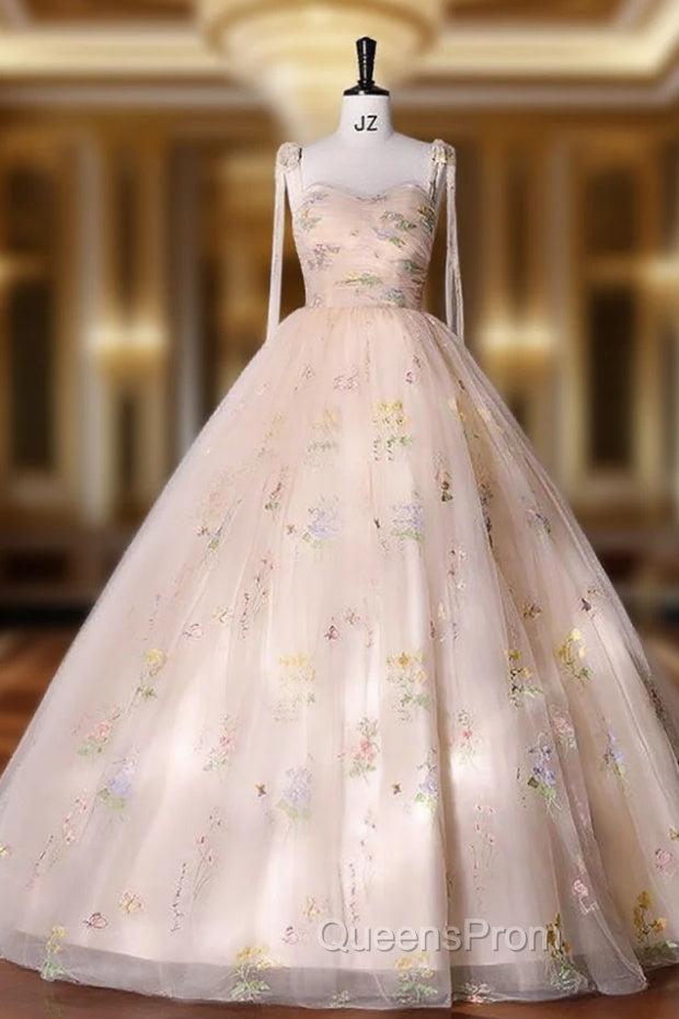 A-Line Sweetheart Sleeves Straps Embroidery Tulle Evening Prom Dress Main image