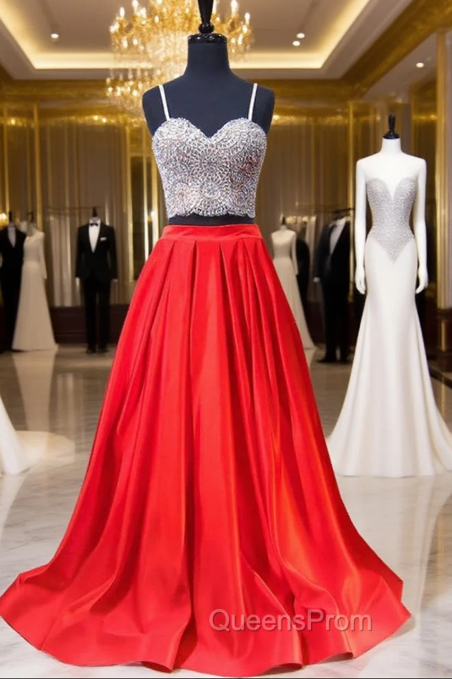 A-line Sweetheart Spaghetti Strap Satin Red Two Piece Evening Prom Dress Main image