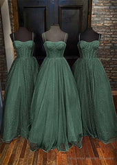 A-line Sweetheart Spaghetti Straps Long/Floor-Length Glitter Prom Dresses With Pockets
