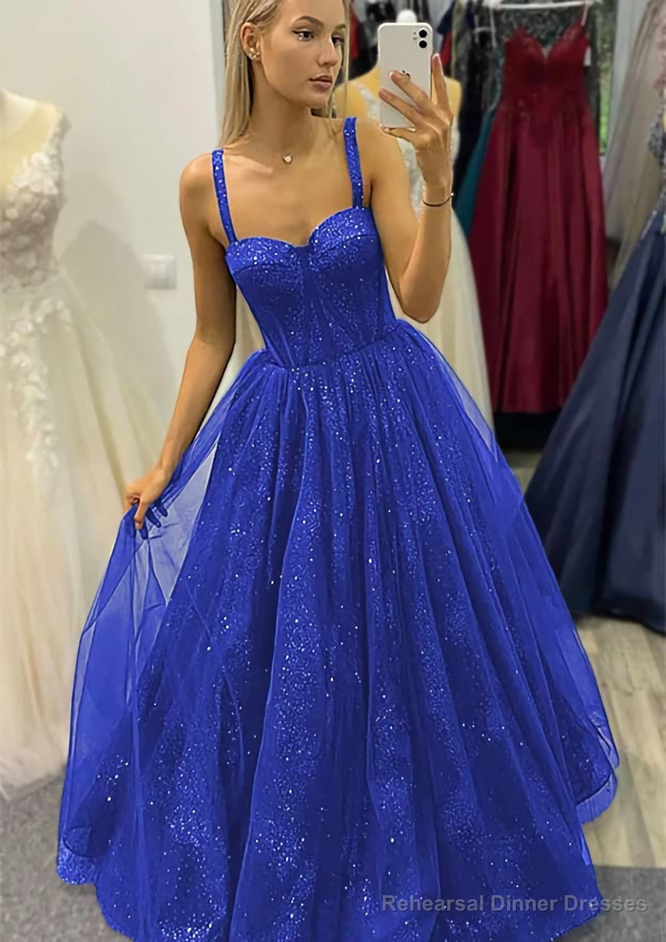 A-line Sweetheart Spaghetti Straps Long/Floor-Length Tulle Glitter Prom Dresses Secondary image