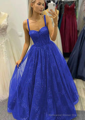A-line Sweetheart Spaghetti Straps Long/Floor-Length Tulle Glitter Prom Dresses