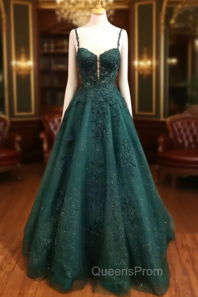 Dark Green Evening Prom Dress, A-line Sweetheart Spaghetti Straps Long/Floor-Length Tulle Evening Prom Dress With Beading Glitter Appliqued Main image