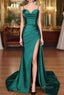 A-line Sweetheart Spaghetti Straps Sweep Train Silk like Satin Ruched Evening Prom Dress- Evening Prom Dress