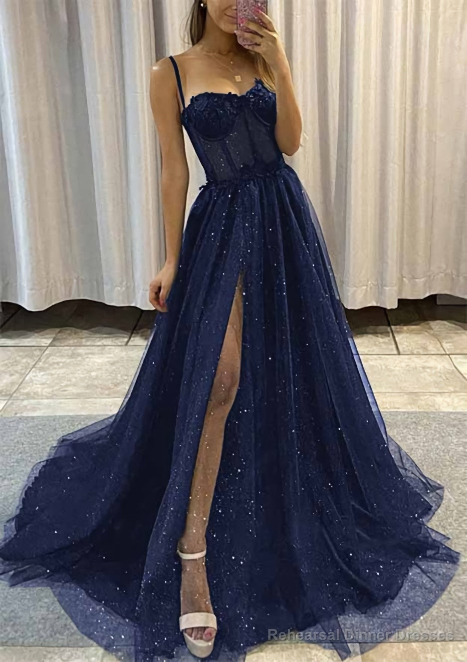 A-line Sweetheart Spaghetti Straps Sweep Train Tulle Glitter Prom Dresses With Appliqued Secondary image