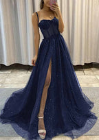 A-line Sweetheart Spaghetti Straps Sweep Train Tulle Glitter Prom Dresses With Appliqued