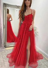 A-line Sweetheart Spaghetti Straps Sweep Train Tulle Prom Dresses With Appliqued Split