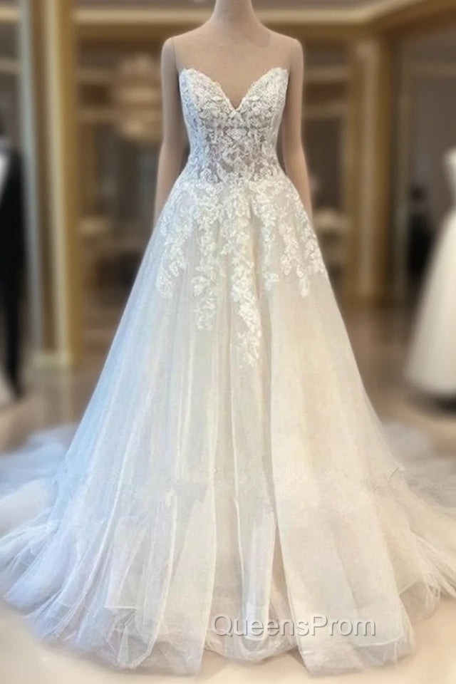 A-Line Sweetheart Strapless Floor-length Sleeveless Backless Appliques Lace Wedding Dress