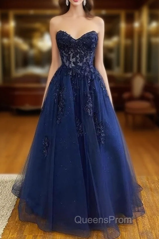 A-line Sweetheart Strapless Long/Floor-Length Tulle Evening Prom Dress With Appliqued Sequins Glitter