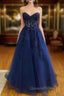 A-line Sweetheart Strapless Long/Floor-Length Tulle Evening Prom Dress With Appliqued Sequins Glitter