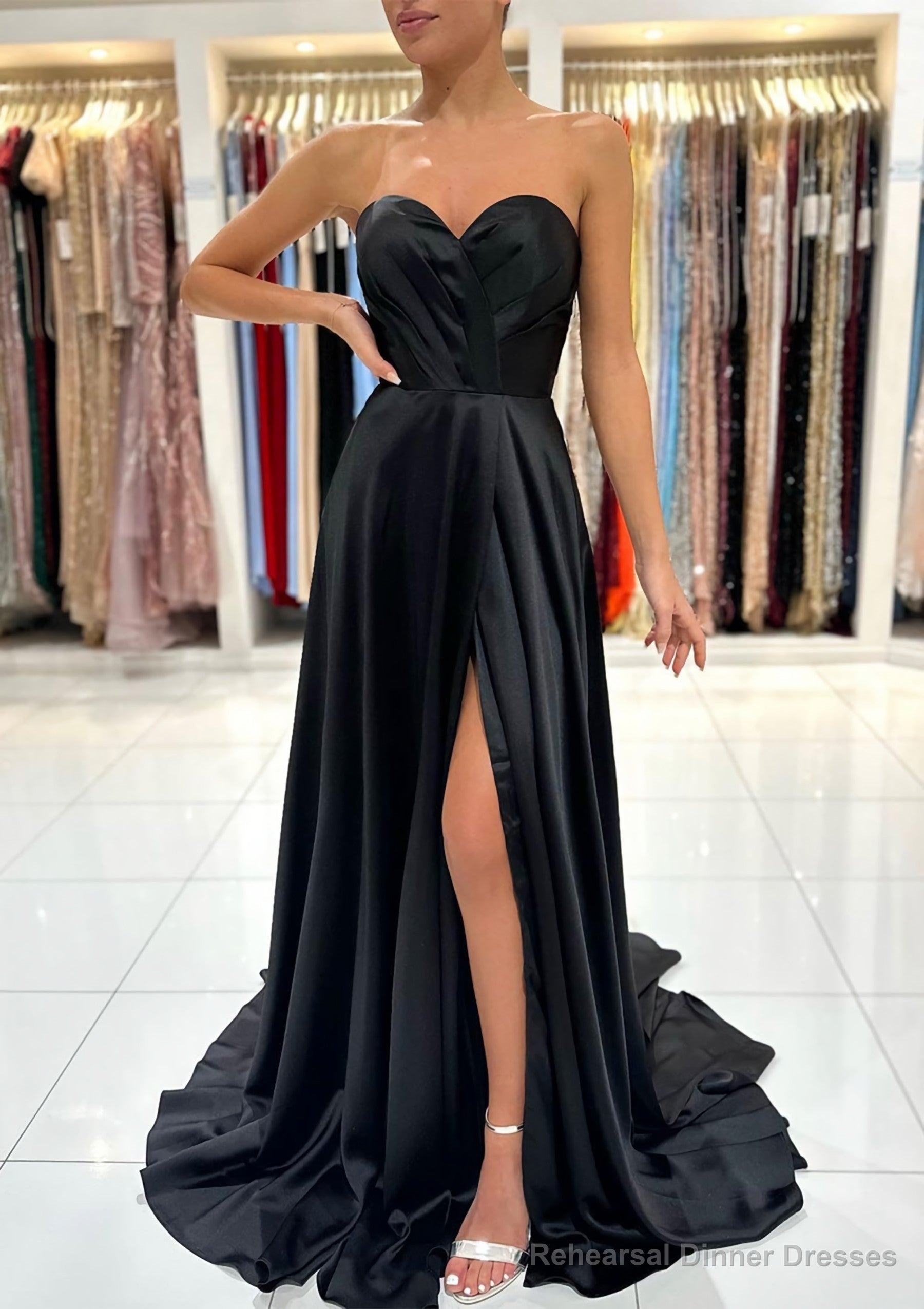 A-line Sweetheart Strapless Sweep Train Charmeuse Prom Dresses With Pleated Split Main image