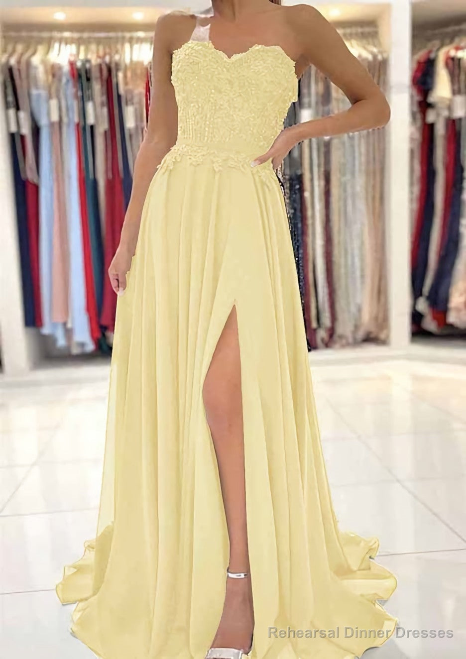 A-line Sweetheart Sweep Train Chiffon Prom Dresses With Lace Beading Split