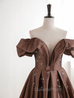 A-Line Tea length Brown Evening Prom Dress, Off Shoulder Brown Evening Dress with Beading