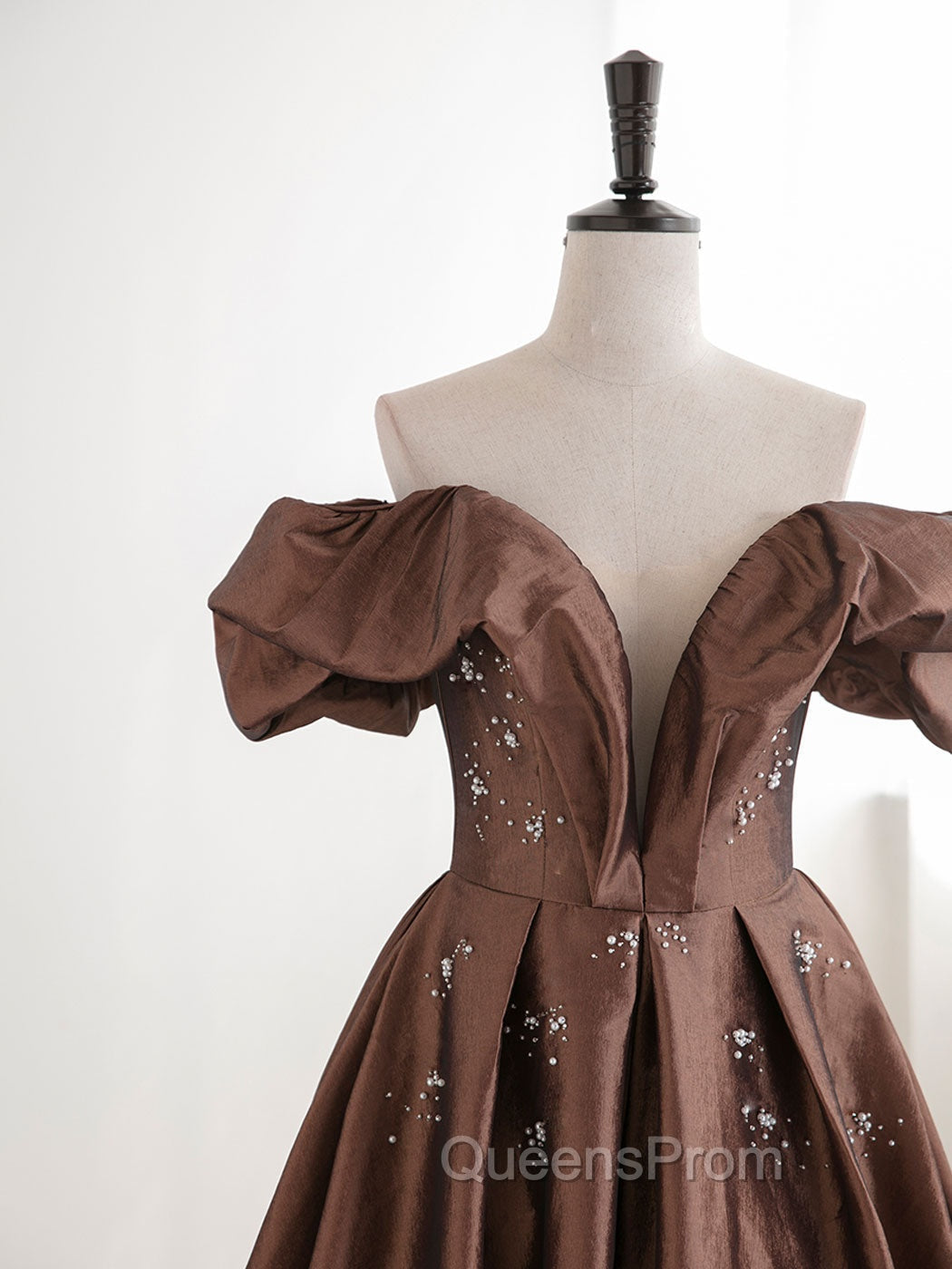 A-Line Tea length Brown Evening Prom Dress, Off Shoulder Brown Evening Dress with Beading