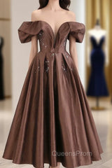 A-Line Tea length Brown Evening Prom Dress, Off Shoulder Brown Evening Dress with Beading