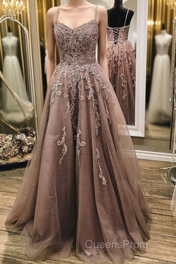 A Line Thin Strap Lace Long Evening Prom Dress, Lace Formal Dress, Evening Dress