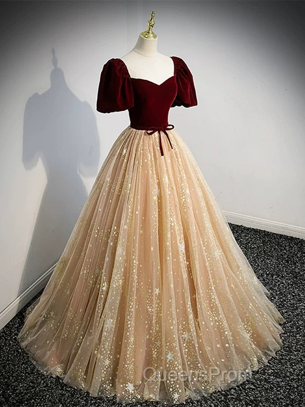 A-line Tulle and Velvet Short Sleeves Party Dress, Sweetheart Long Evening Prom Dress