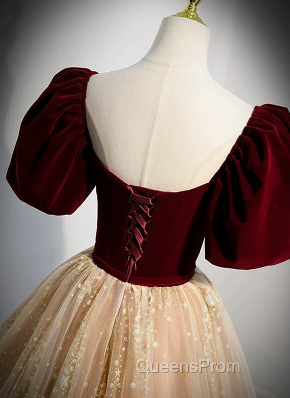 A-line Tulle and Velvet Short Sleeves Party Dress, Sweetheart Long Evening Prom Dress