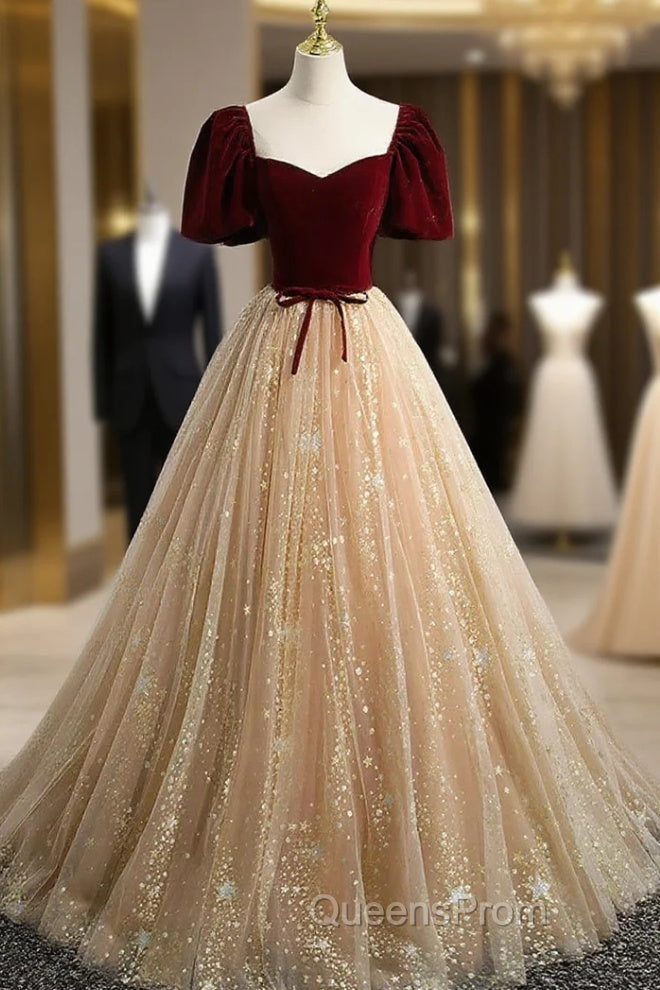 A-line Tulle and Velvet Short Sleeves Party Dress, Sweetheart Long Evening Prom Dress Main image
