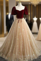 A-line Tulle and Velvet Short Sleeves Party Dress, Sweetheart Long Evening Prom Dress