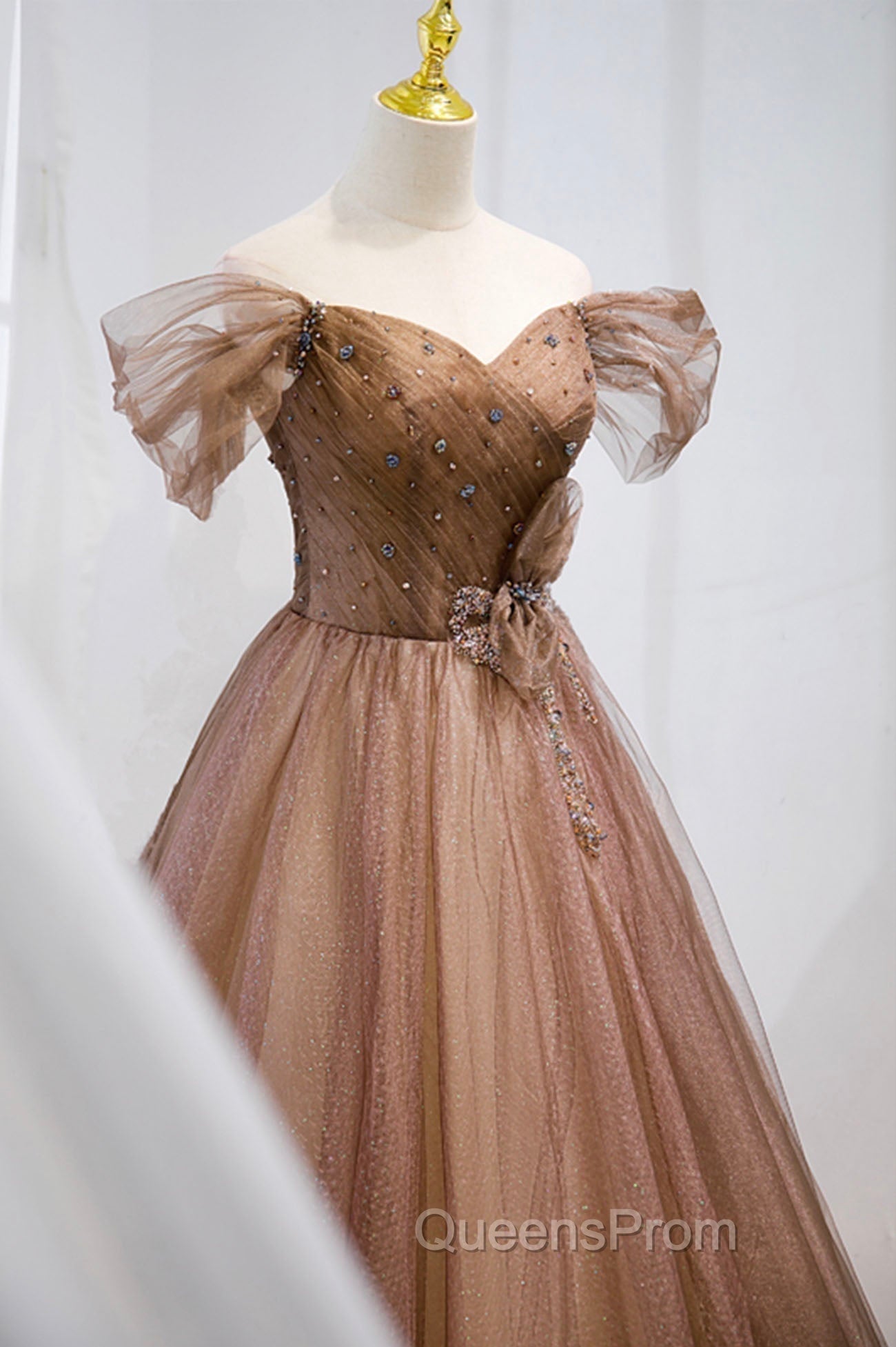 A-Line Tulle Beaded Long Evening Dress, Off the Shoulder Evening Dress