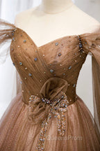 A-Line Tulle Beaded Long Evening Dress, Off the Shoulder Evening Dress