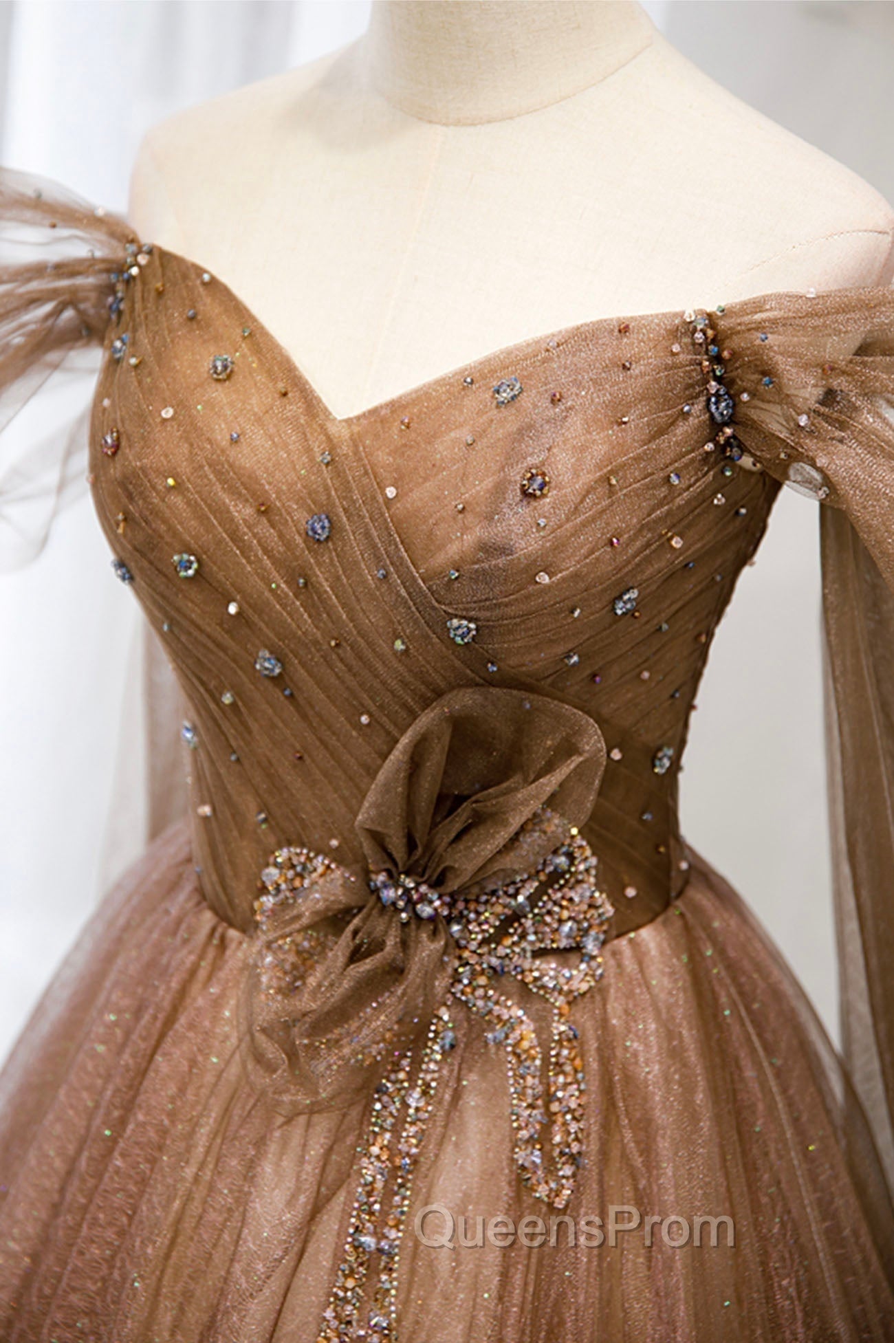 A-Line Tulle Beaded Long Evening Dress, Off the Shoulder Evening Dress