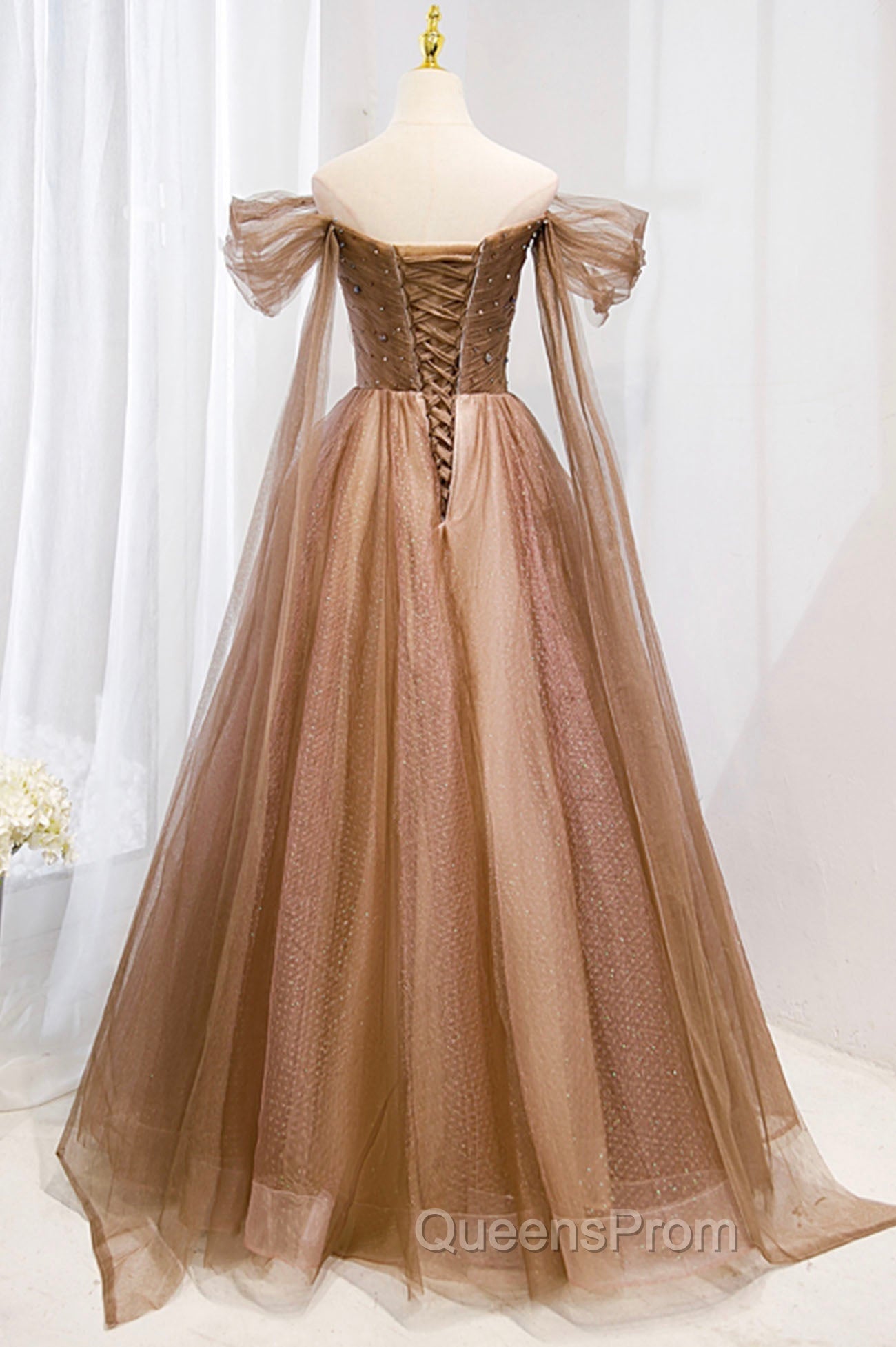 A-Line Tulle Beaded Long Evening Dress, Off the Shoulder Evening Dress