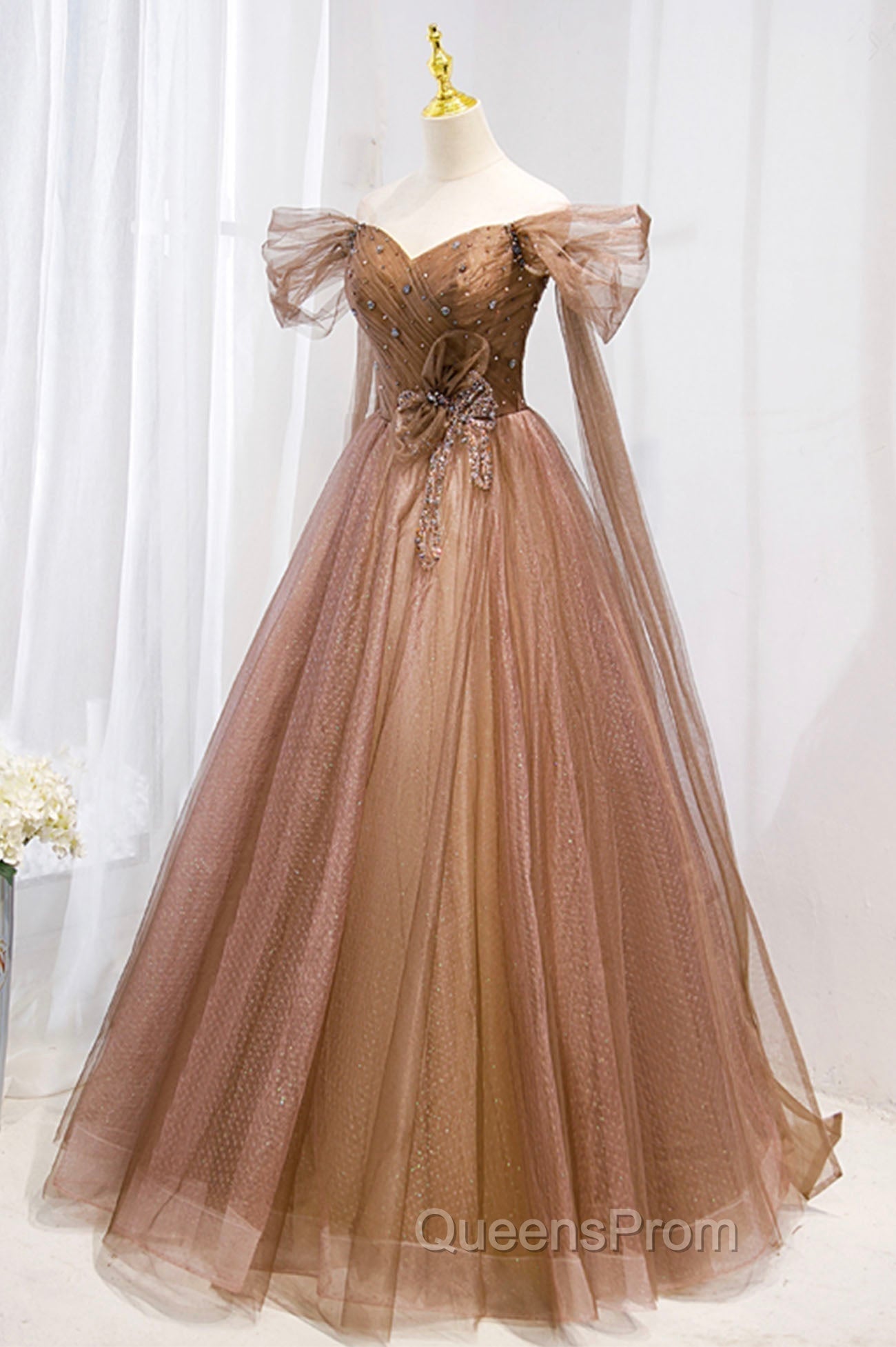 A-Line Tulle Beaded Long Evening Dress, Off the Shoulder Evening Dress Main image