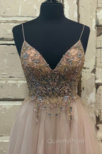 A-Line Tulle Beaded Long Evening Prom Dress, Cute V-Neck Evening Party Dress