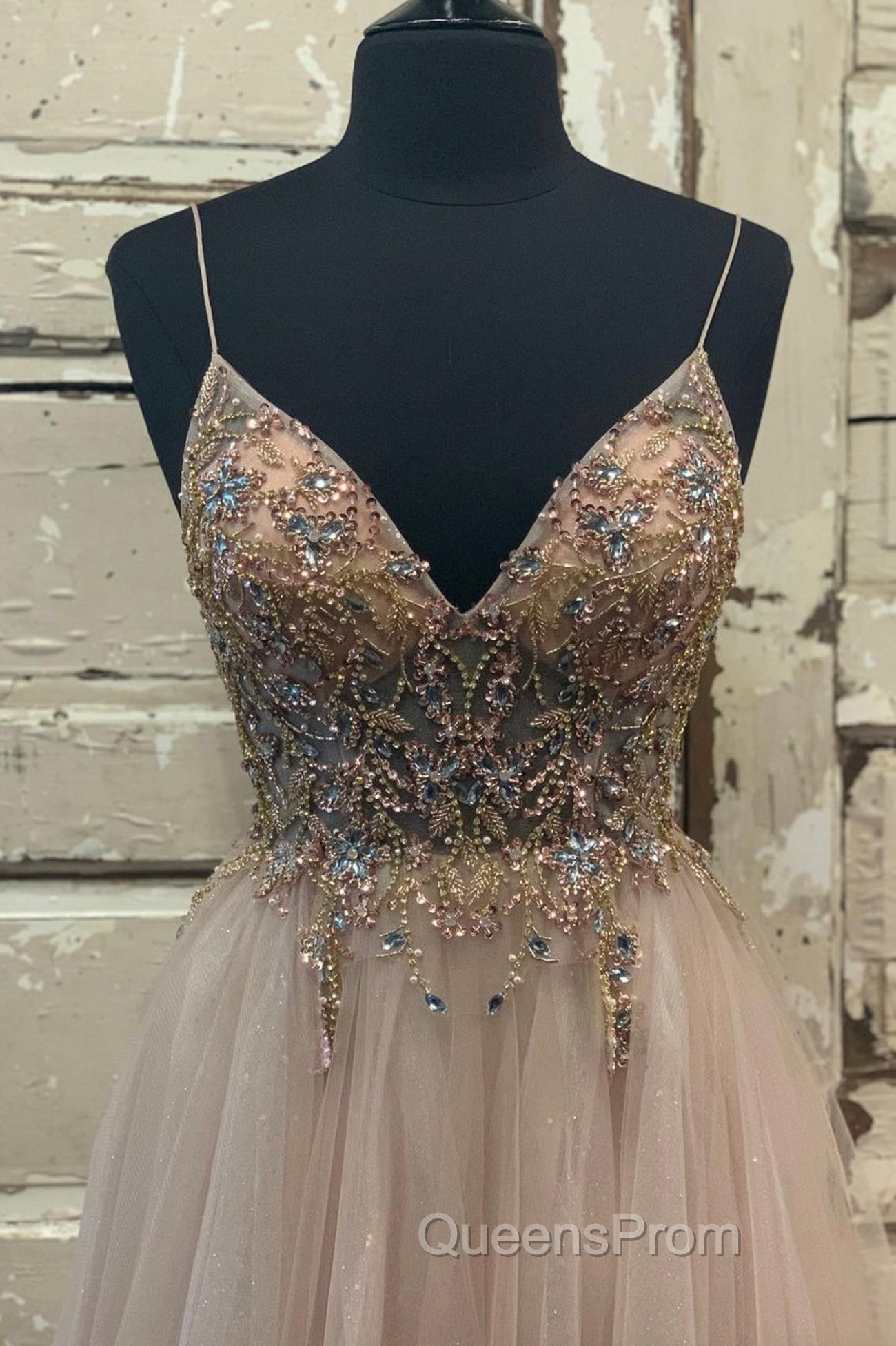 A-Line Tulle Beaded Long Evening Prom Dress, Cute V-Neck Evening Party Dress