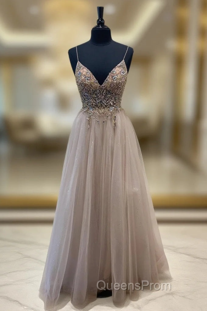 A-Line Tulle Beaded Long Evening Prom Dress, Cute V-Neck Evening Party Dress Main image