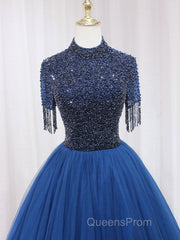 A-Line Tulle Blue Long Evening Prom Dress, Blue Formal Evening Dress with Beading