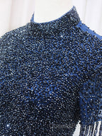 A-Line Tulle Blue Long Evening Prom Dress, Blue Formal Evening Dress with Beading